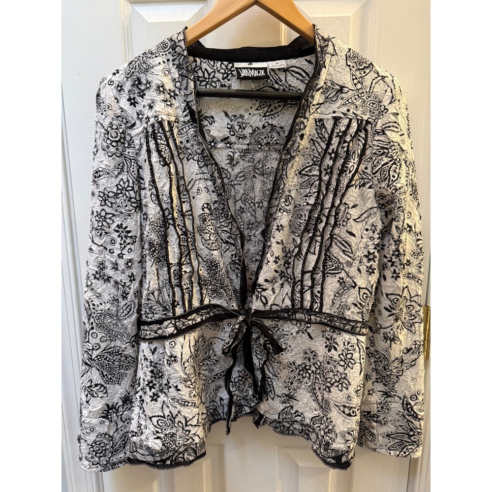 Yak Magik Womens Small Black White Crinkle Floral Lace Tie Front Jacket Nepal